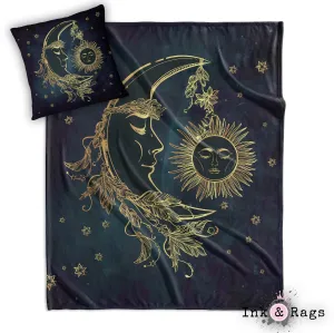 BOHO Midnight Black and Teal with Gold Sun and Moon Decorative Throw and Pillow Cover Set