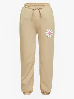 Girls Beige Flower Vintage Print Terry Joggers